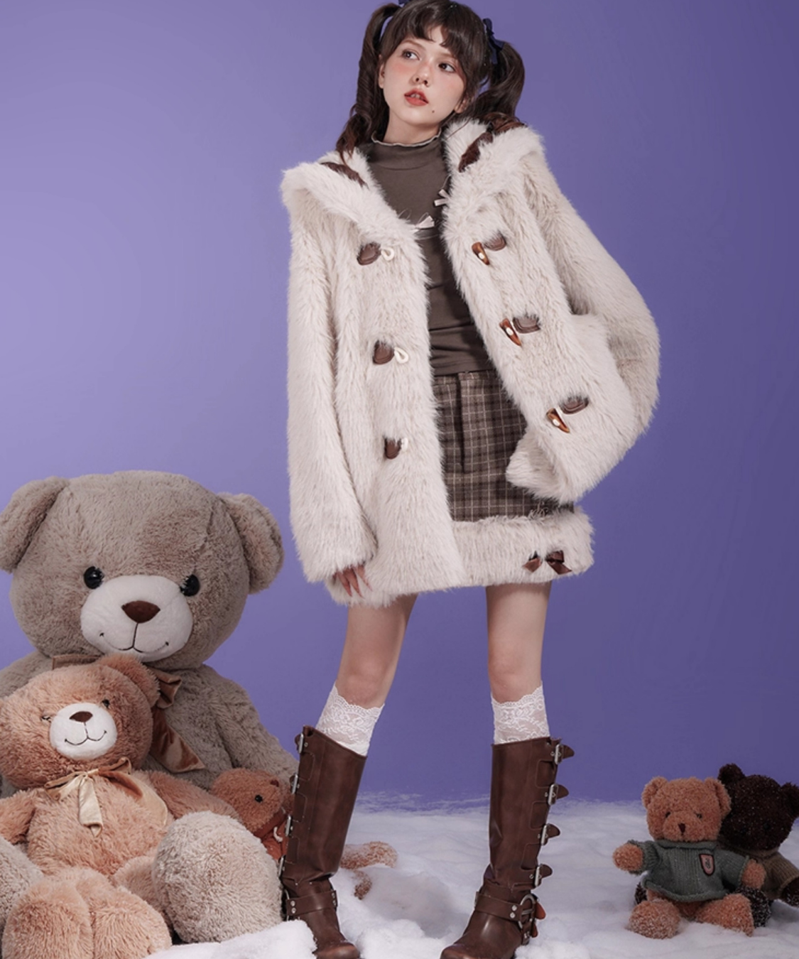 リボン付きセーラーデザインフェイクファーコート