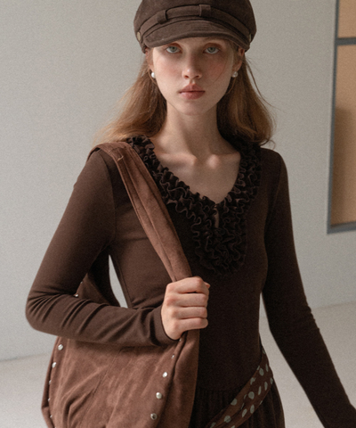 フリル付きラウンドネックティアードワンピース