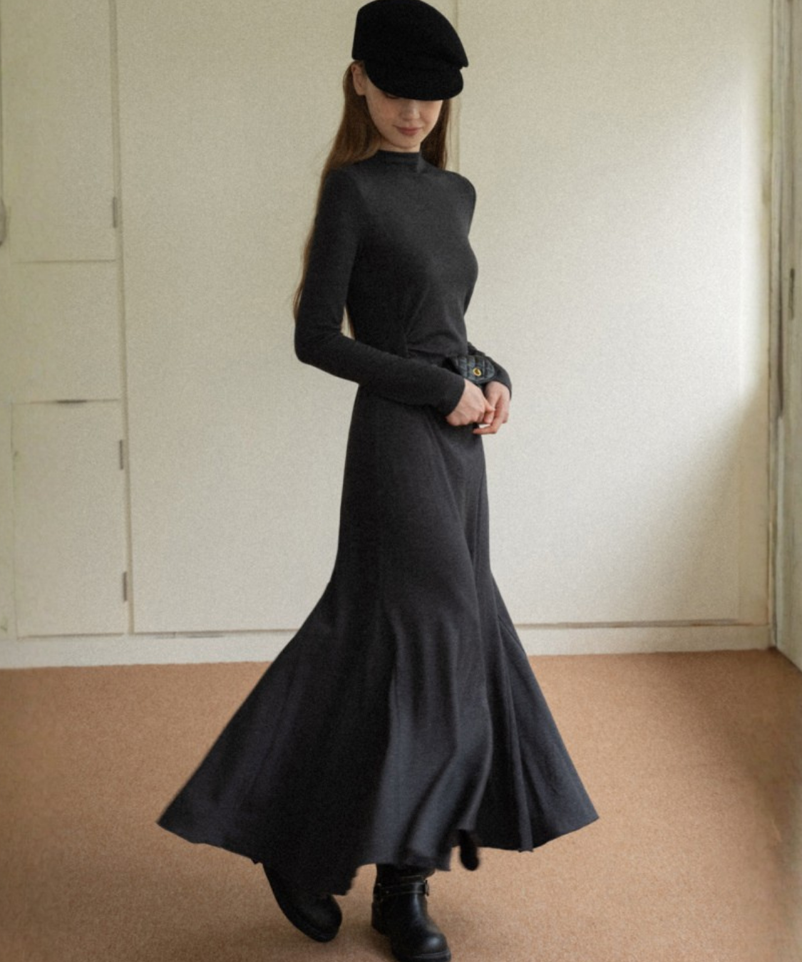 モックネックウエストドレープマーメイドワンピース