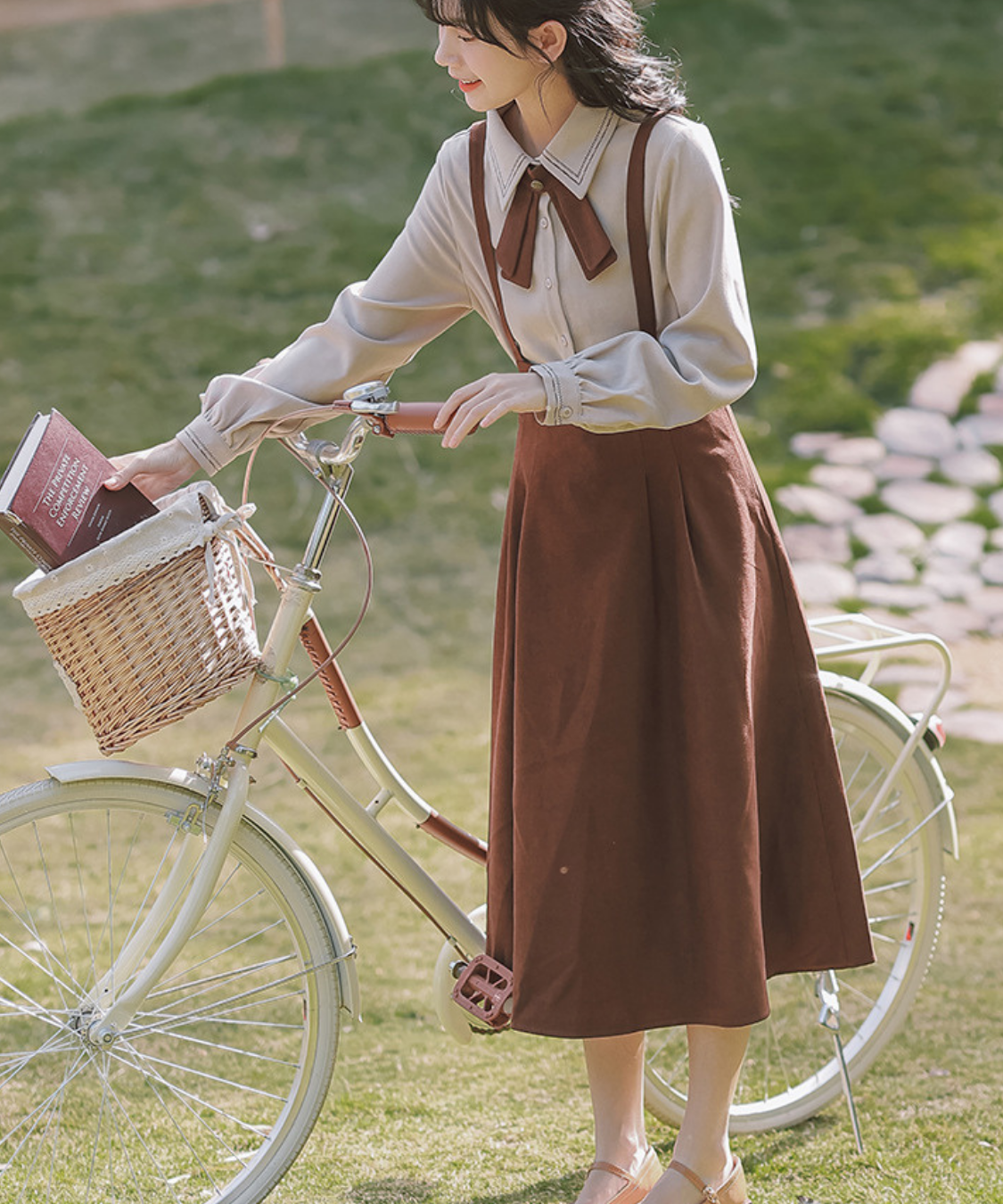 配色リボンブラウス＋サスペンダースカート2点セット