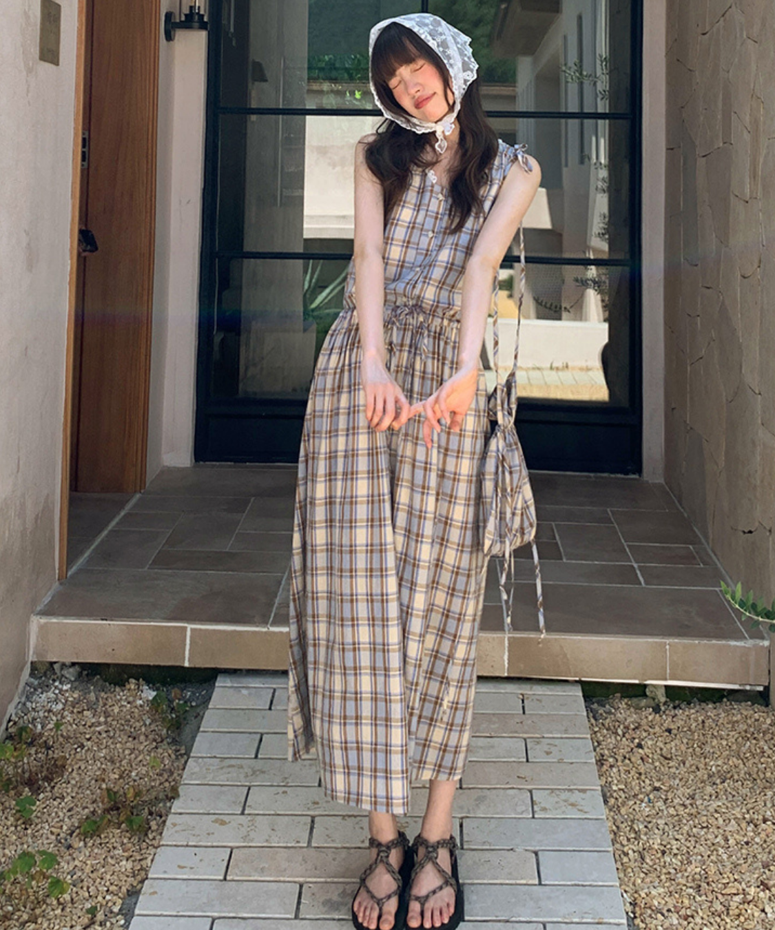 巾着バッグセットレースVネックチェック柄ワンピース