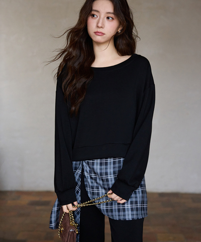 オフショルダートップス＋チェックレイヤードパンツ 2点セット