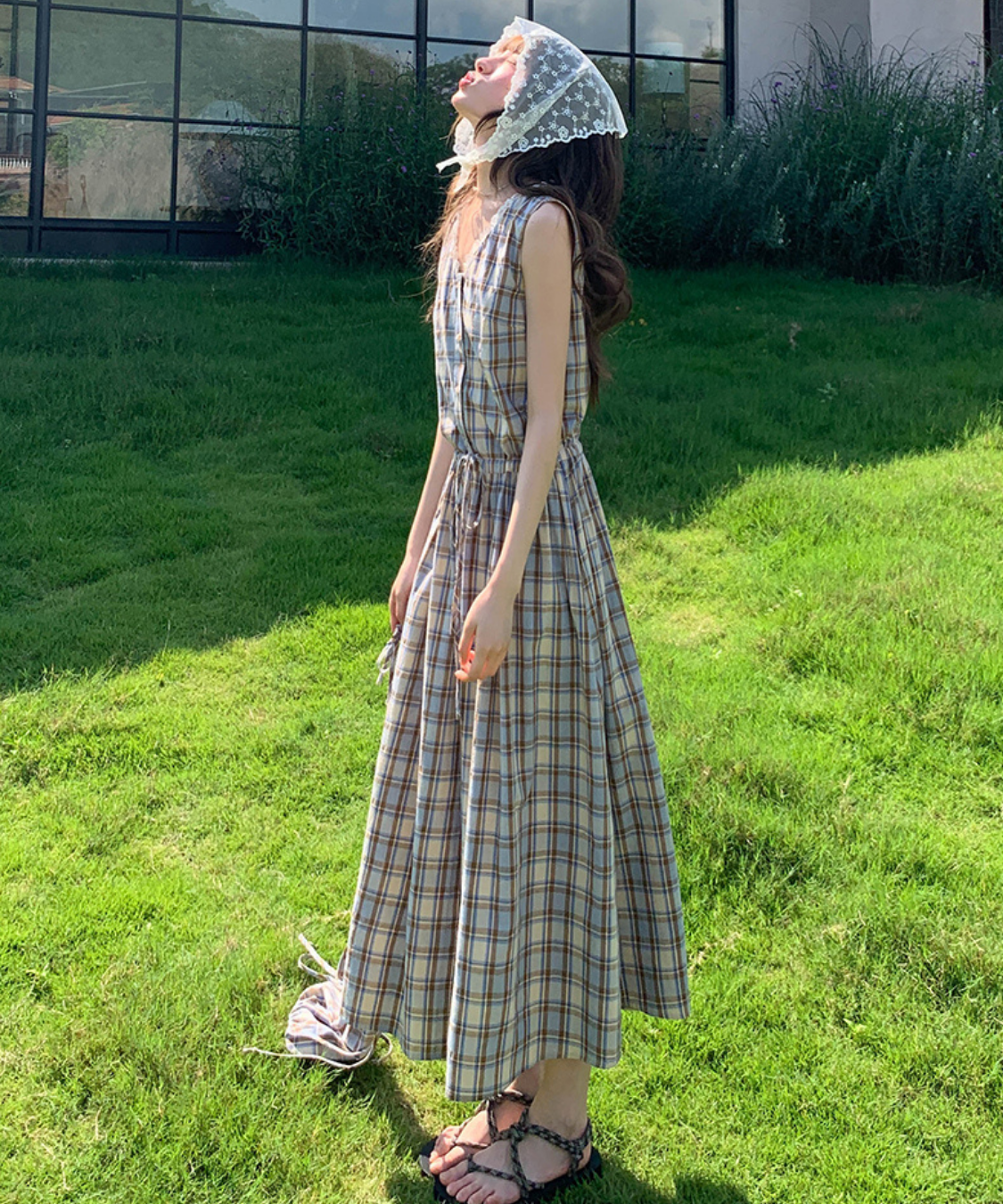 巾着バッグセットレースVネックチェック柄ワンピース