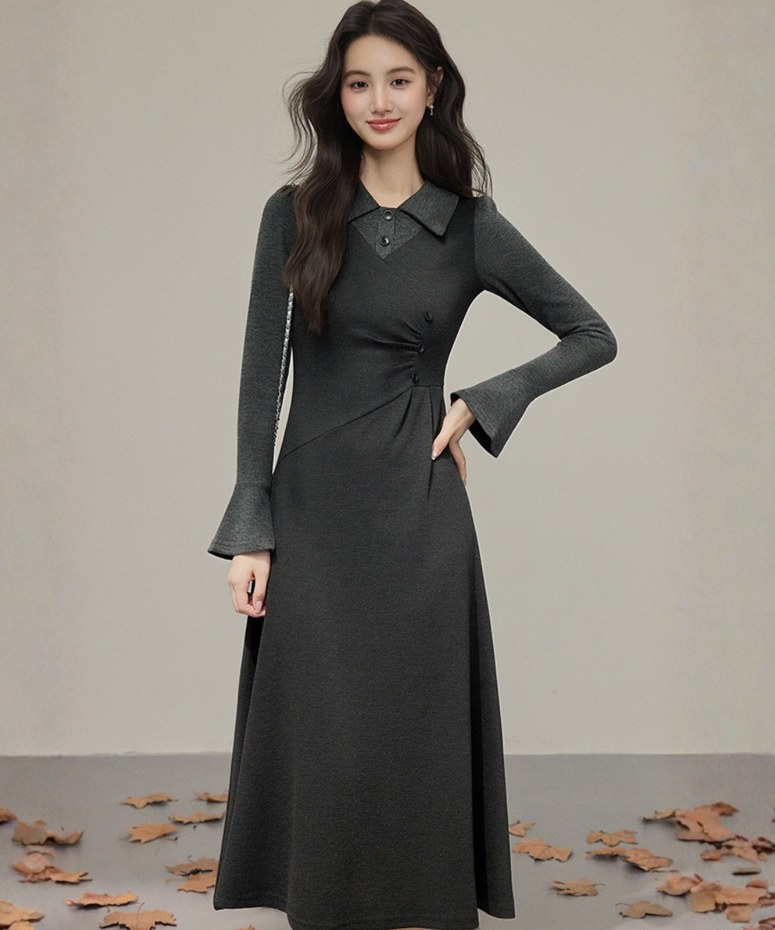 フェイク2ピース風シャツカラーニットワンピース