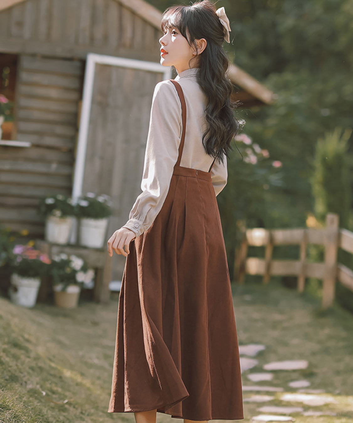 配色リボンブラウス＋サスペンダースカート2点セット