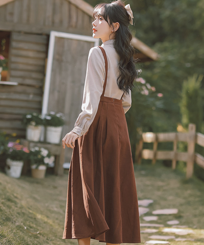 配色リボンブラウス＋サスペンダースカート2点セット