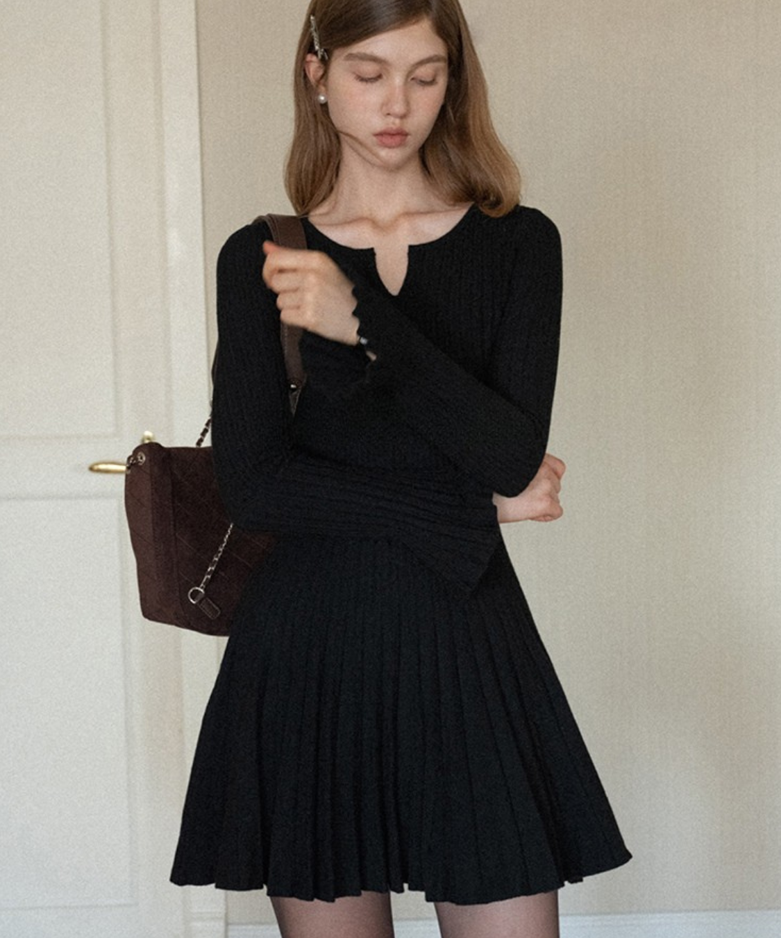 フレアスリーブプリーツニットワンピース