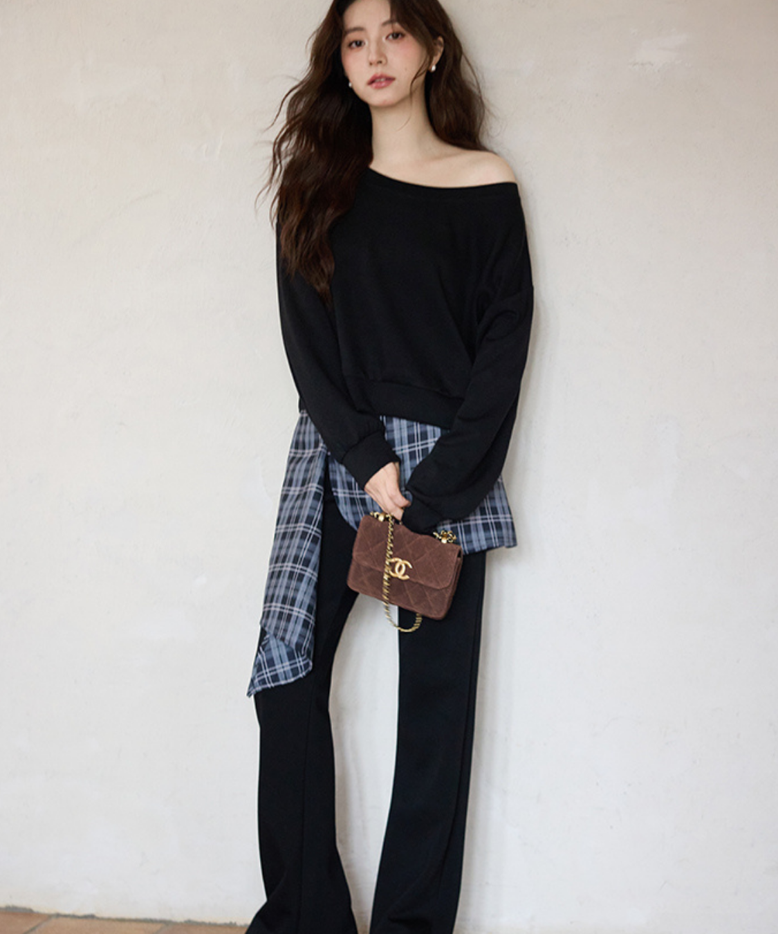 オフショルダートップス＋チェックレイヤードパンツ 2点セット