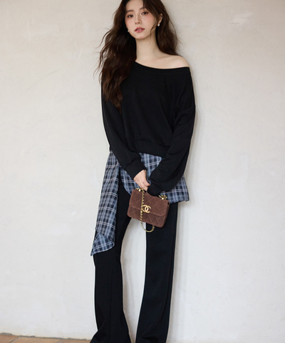 オフショルダートップス＋チェックレイヤードパンツ 2点セット