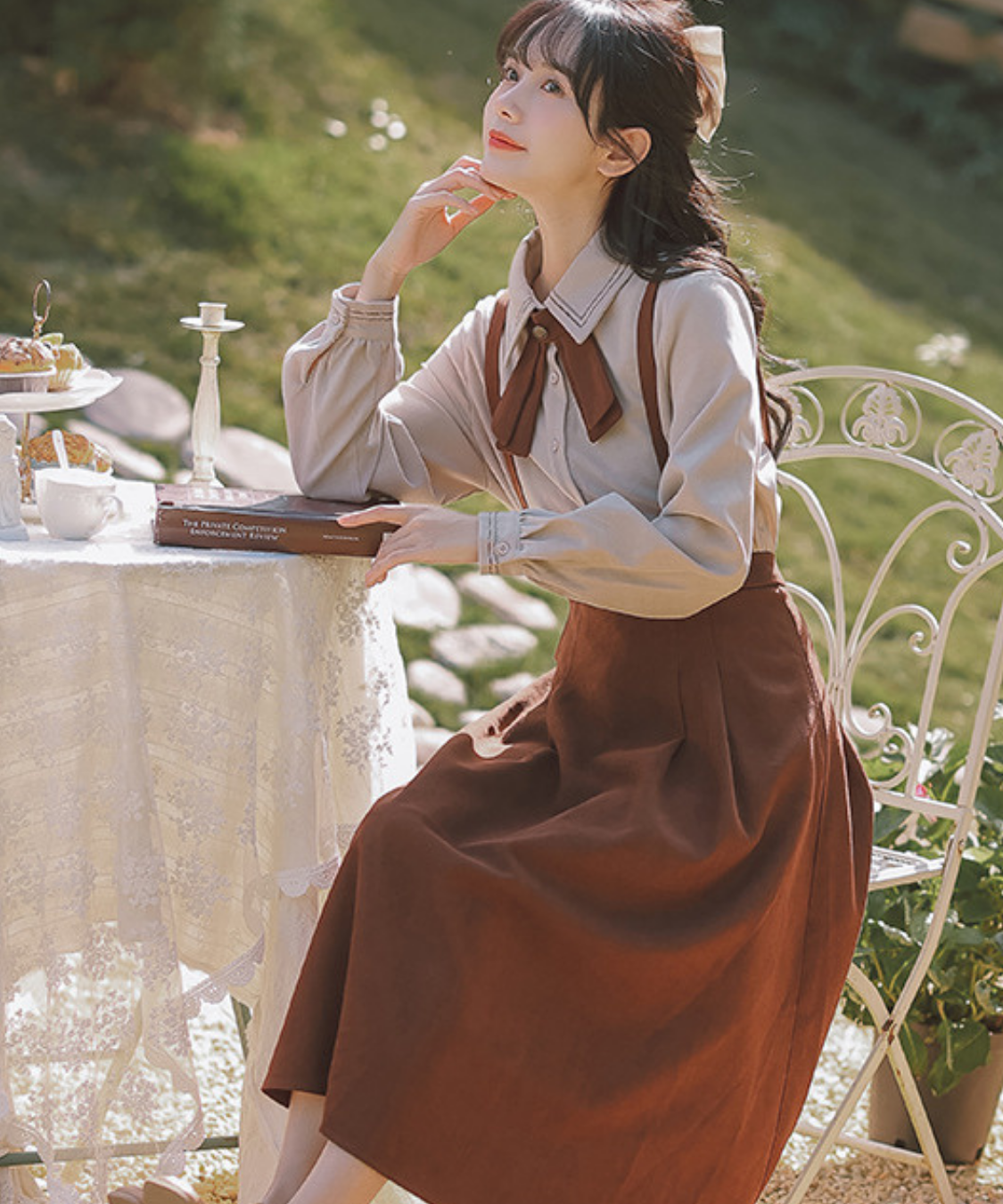 配色リボンブラウス＋サスペンダースカート2点セット