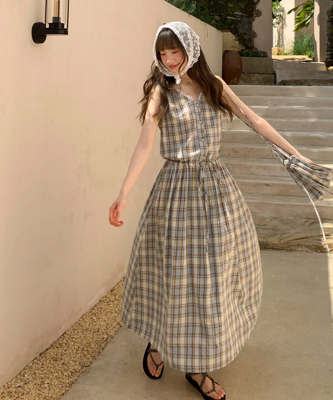 巾着バッグセットレースVネックチェック柄ワンピース