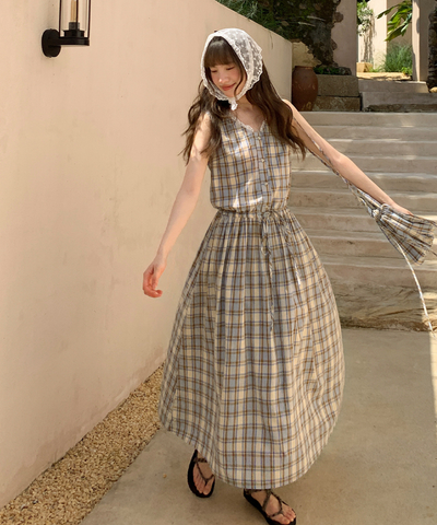 巾着バッグセットレースVネックチェック柄ワンピース