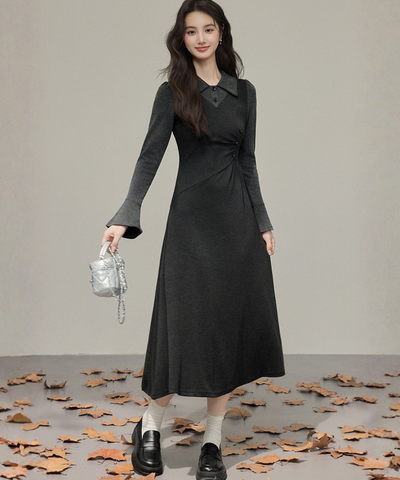 フェイク2ピース風シャツカラーニットワンピース