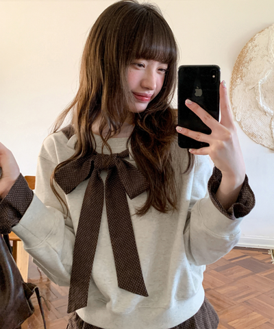 リボン付き配色オフショルダーレイヤード風プルオーバー