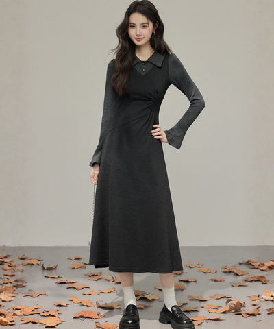 フェイク2ピース風シャツカラーニットワンピース