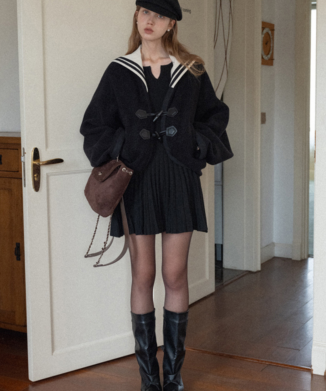 フレアスリーブプリーツニットワンピース