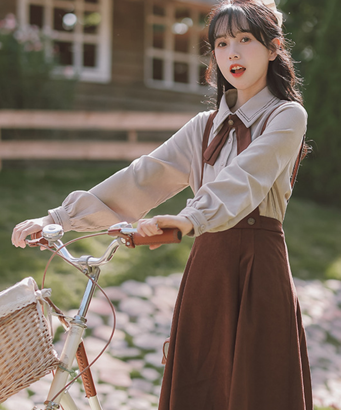 配色リボンブラウス＋サスペンダースカート2点セット