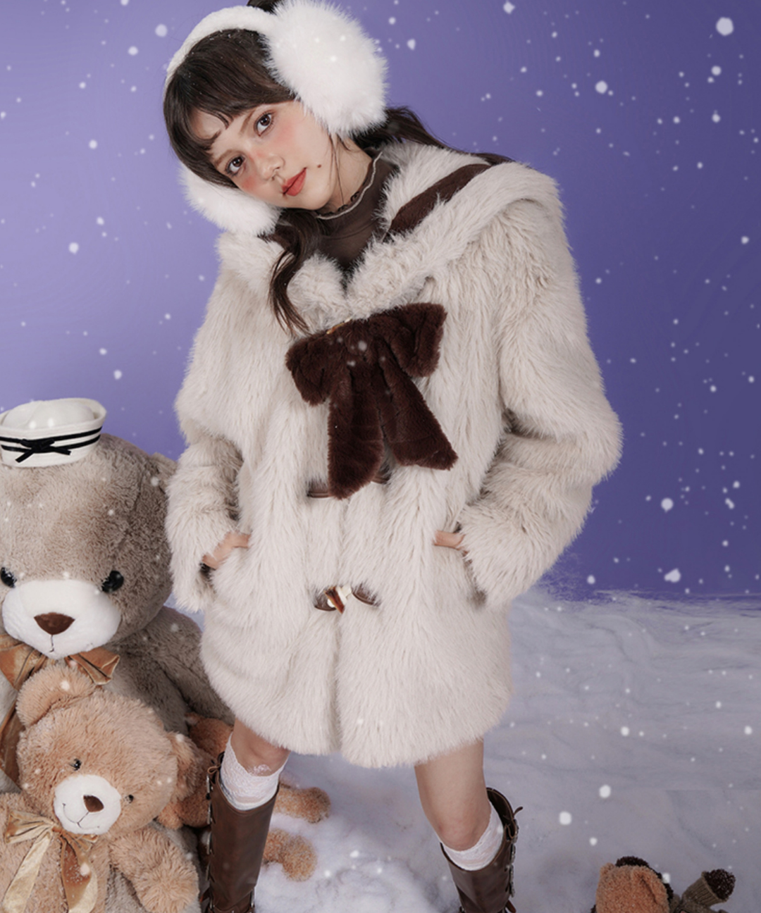 リボン付きセーラーデザインフェイクファーコート – jemiremi
