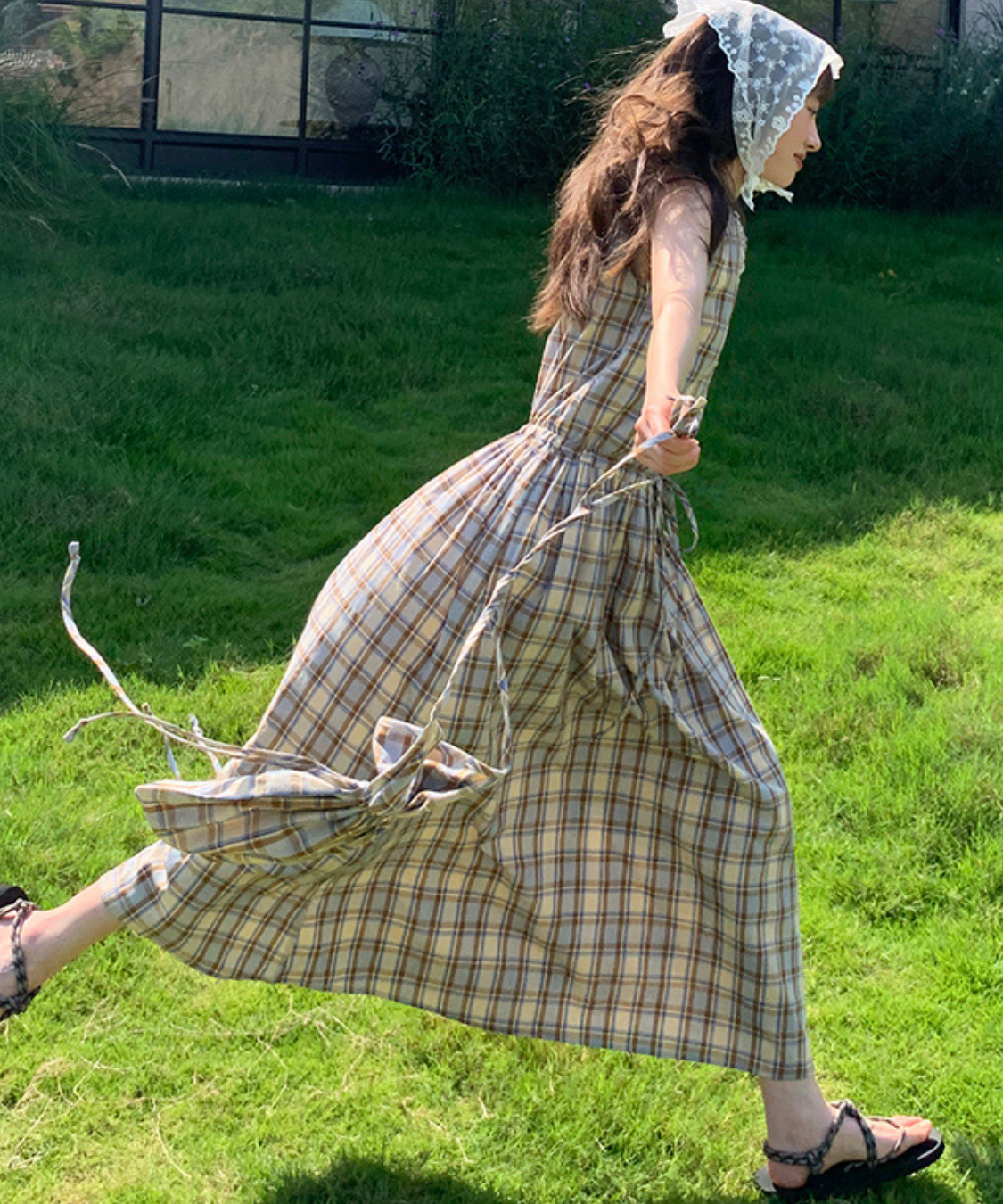 巾着バッグセットレースVネックチェック柄ワンピース