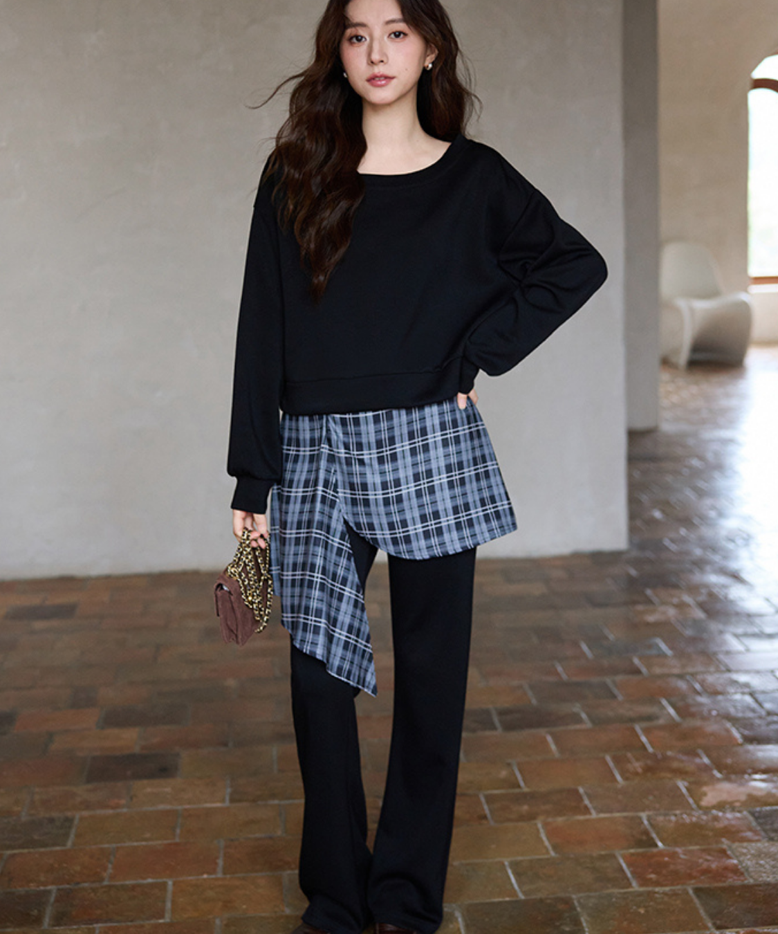 オフショルダートップス＋チェックレイヤードパンツ 2点セット