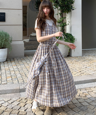 巾着バッグセットレースVネックチェック柄ワンピース