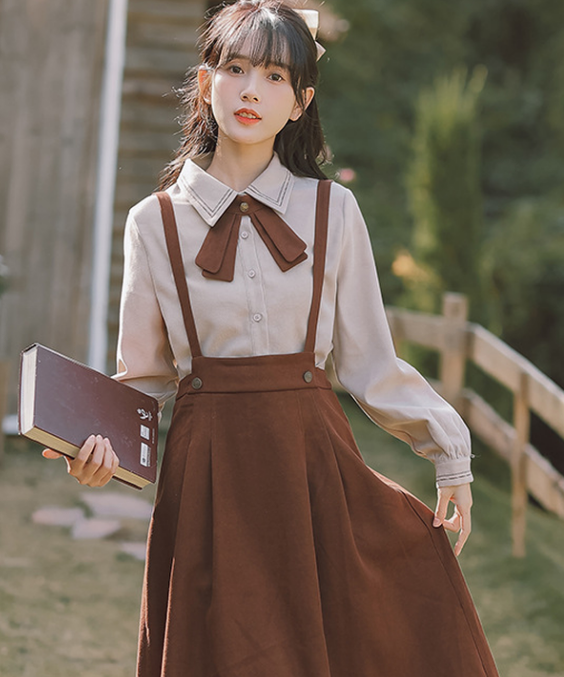 配色リボンブラウス＋サスペンダースカート2点セット