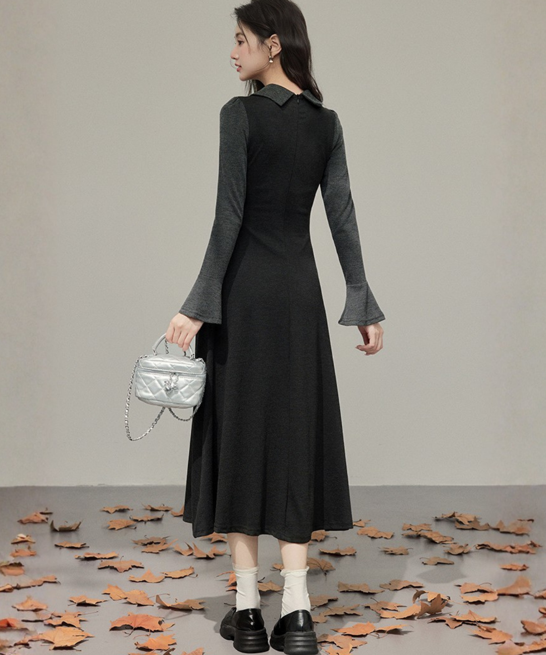 フェイク2ピース風シャツカラーニットワンピース
