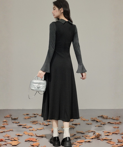 フェイク2ピース風シャツカラーニットワンピース