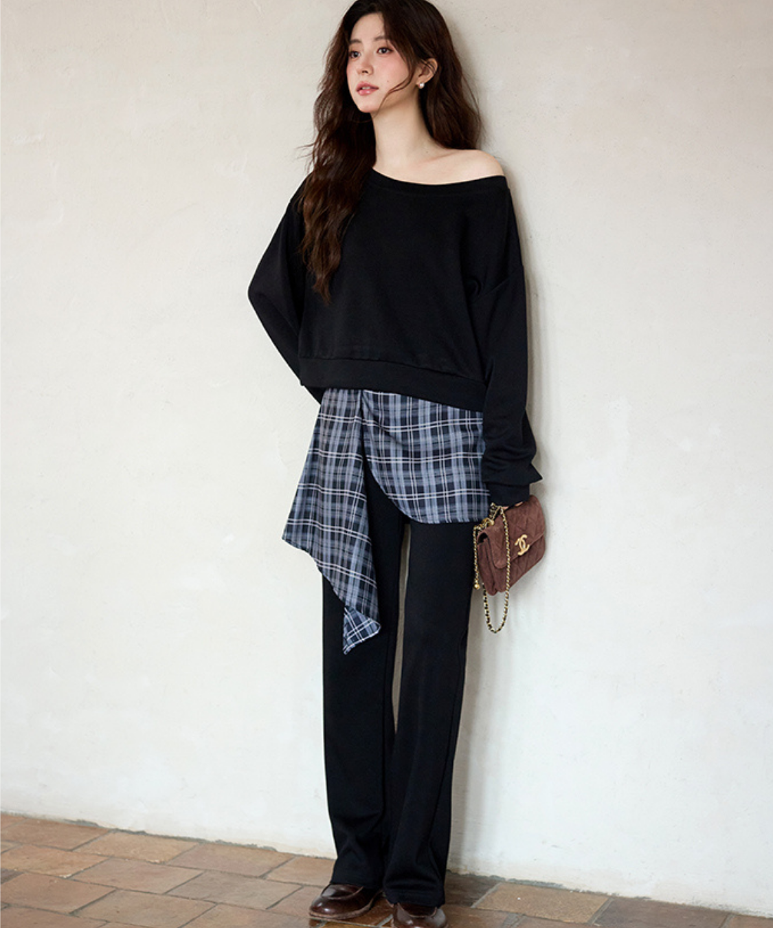 オフショルダートップス＋チェックレイヤードパンツ 2点セット