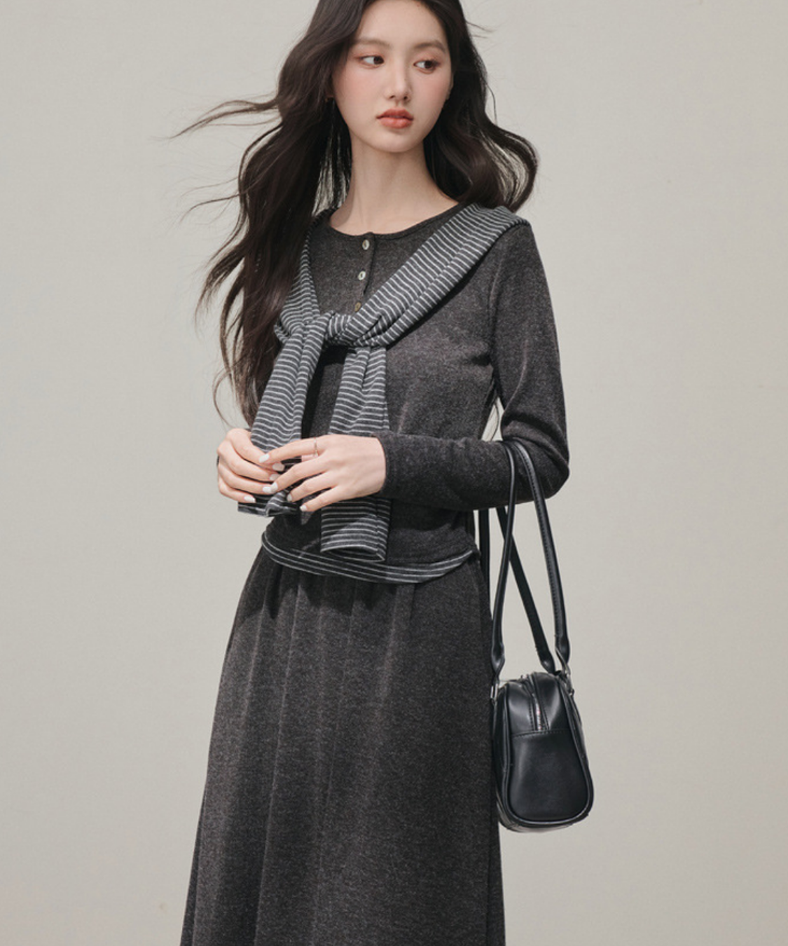 ヘンリーネックニット＋ロングスカート＋フード付きボーダーショール 3点セット