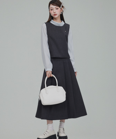 バックリボンブラウス＋無地ノースリーブベスト＋フレアタックスカート 3点セット