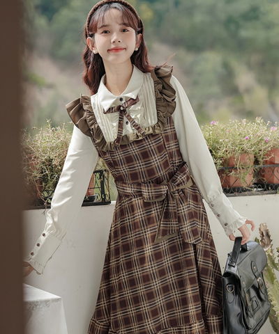 ピンタックブラウスドッキングチェック柄ワンピース