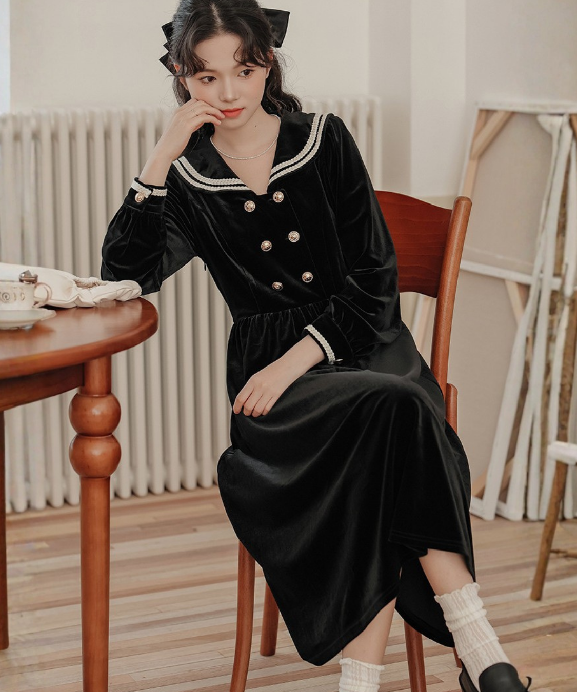 ベロアセーラーカラーダブルボタンワンピース