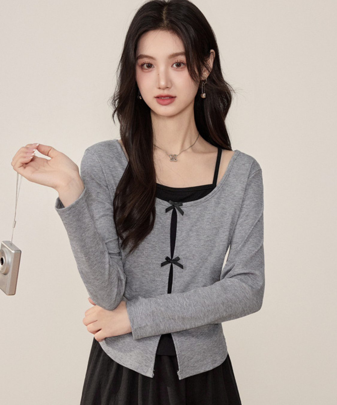 リボンフェイクレイヤードトップス＋ティアードフリルスカート 2点セット