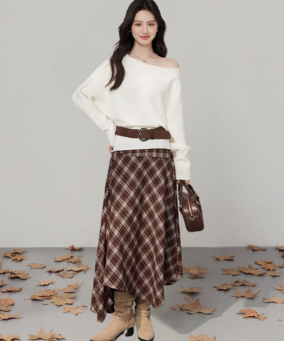 オフショルダーニット＋チェックアシンメトリースカート 2点セット