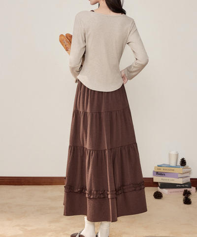 リボンフェイクレイヤードトップス＋ティアードフリルスカート 2点セット