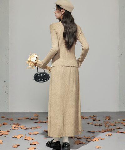 フロントリボンリブカーデ＋ロングニットスカート 2点セット