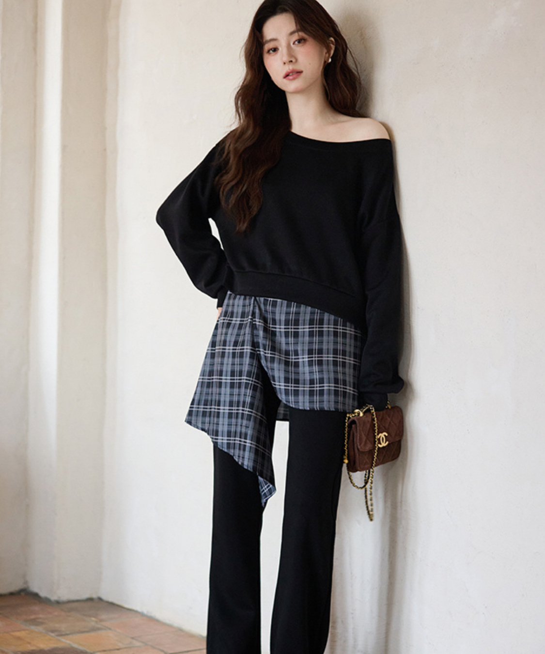 オフショルダートップス＋チェックレイヤードパンツ 2点セット