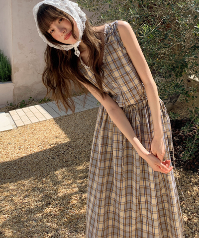 巾着バッグセットレースVネックチェック柄ワンピース