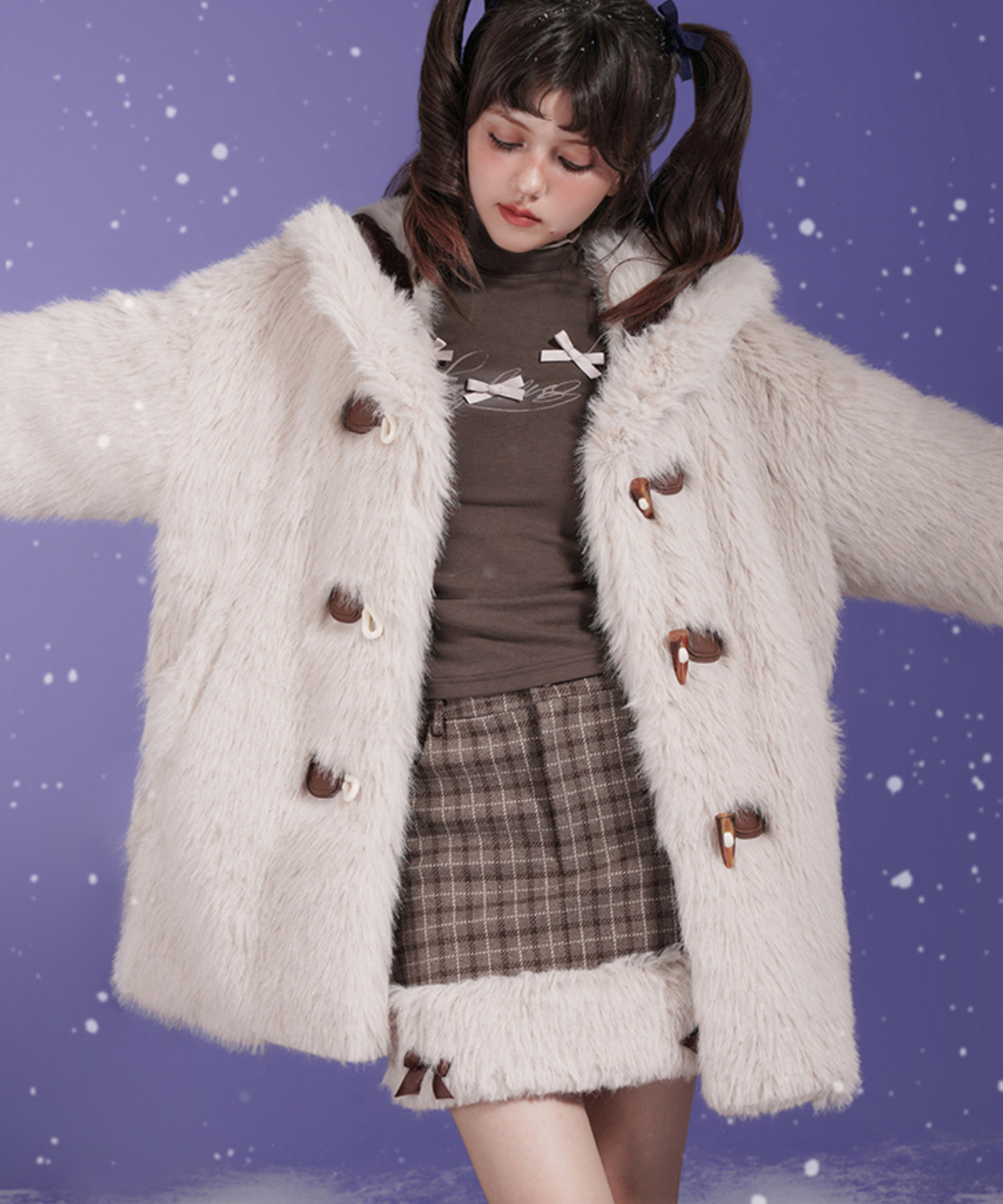 リボン付きセーラーデザインフェイクファーコート
