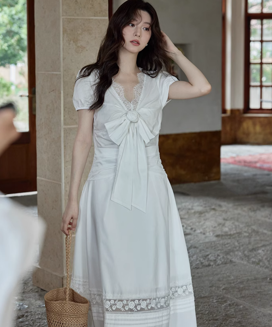 イタリア製【エルマンノシェルヴィーノ】レースワンピース　リボン　フェミニン　M イタリア製【エルマンノシェルヴィーノ】レースワンピース