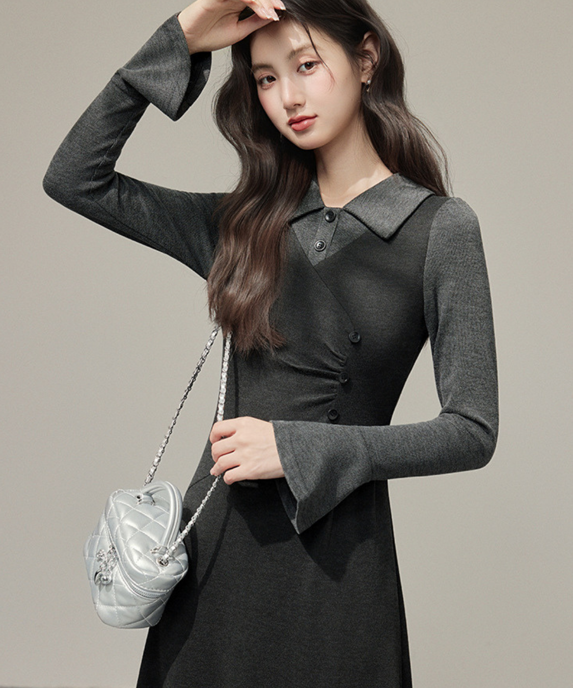 フェイク2ピース風シャツカラーニットワンピース