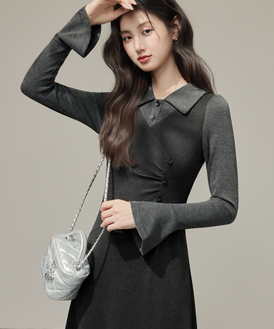 フェイク2ピース風シャツカラーニットワンピース