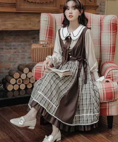 パイピング襟リボン付きチェック切り替えフェイクレイヤードワンピース