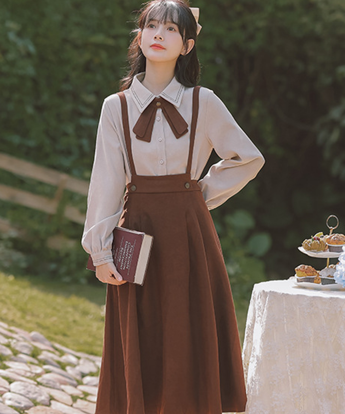 配色リボンブラウス＋サスペンダースカート2点セット