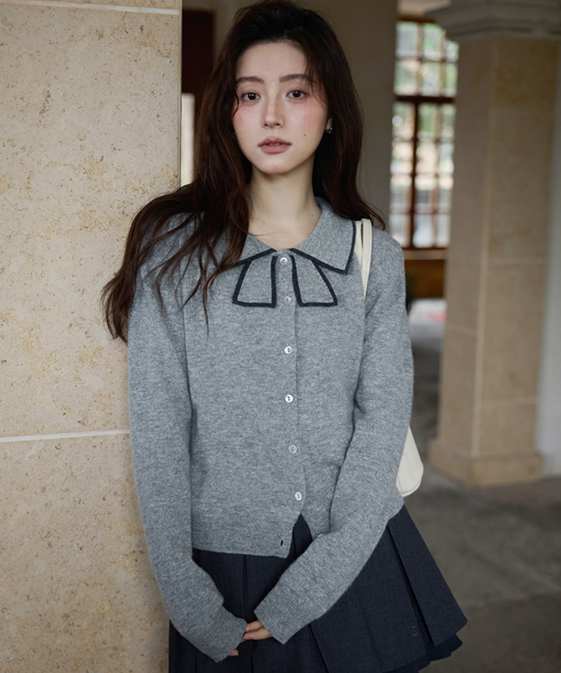 配色ラインリボン風襟カーディガン