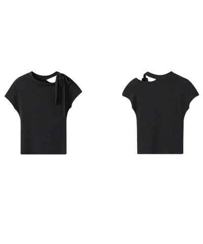 タイトシルエットカットアウトネックリボンTシャツ