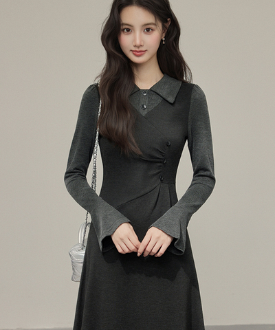 フェイク2ピース風シャツカラーニットワンピース