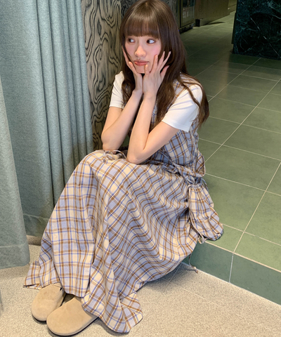 巾着バッグセットレースVネックチェック柄ワンピース