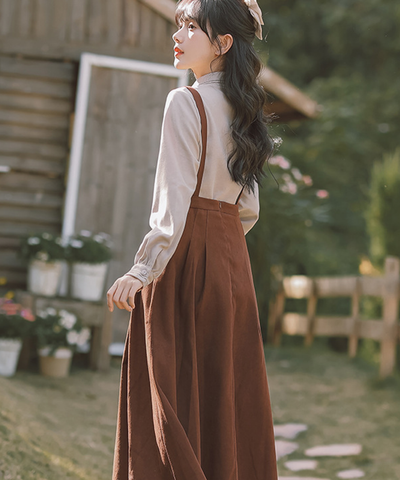 配色リボンブラウス＋サスペンダースカート2点セット